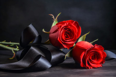 Red roses with black ribbon on black background.の素材