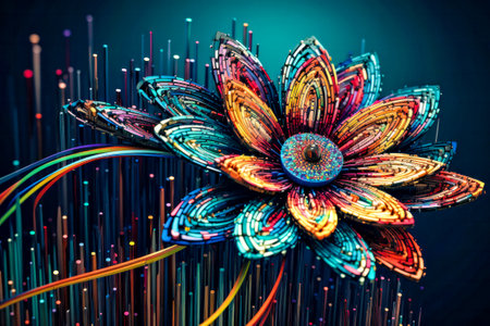 Fractal 3D illustration of a flower with colorful bokehの素材