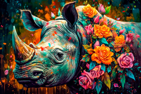 White rhinoceros in the flower garden. Colorful painting.の素材