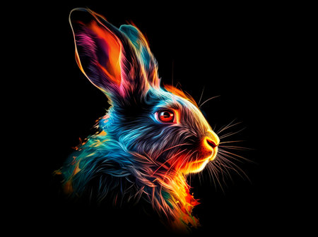 Rabbit head and colorful fire on a black background.の素材