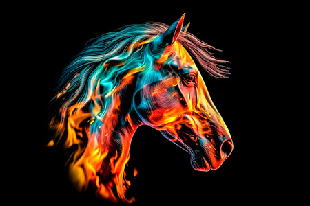Horse head in fire flames isolated on black background.の素材