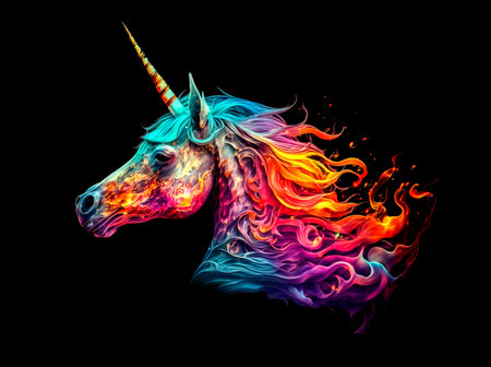 Unicorn in fire and smoke isolated on black background.の素材