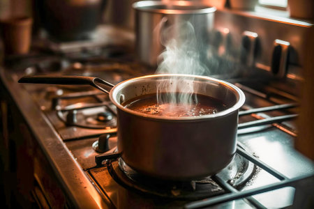 Cooking soup in a pot on a gas stove in the kitchenの素材