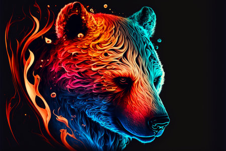 Grizzly bear with colorful fire flames on a black backgroundの素材