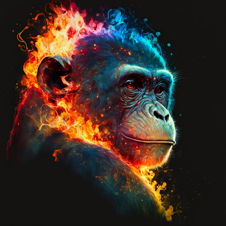 Chimpanzee with fire flames on black background, abstract illustrationの素材