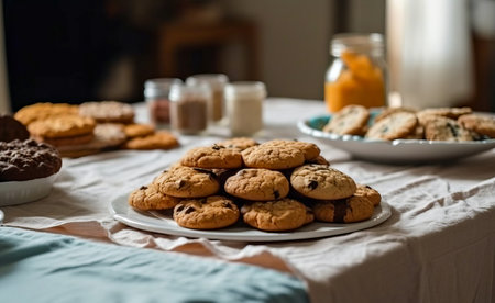 Homemade oatmeal cookies with raisins and chocolate chips on the tableの素材