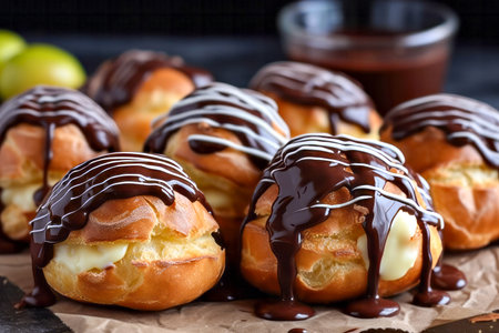 Choux cream profiteroles with chocolate glaze on a dark backgroundの素材