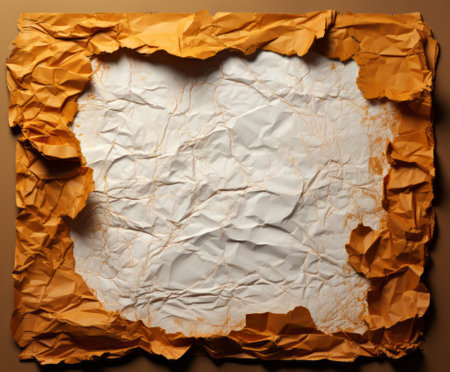 Crumpled sheet of paper on a brown background.の写真素材