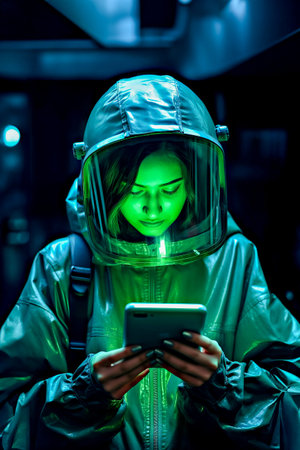 Astronaut woman using a mobile phone in a futuristic space stationの素材