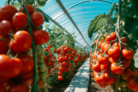 Ripe red tomatoes growing in a greenhouse on a sunny day.の素材