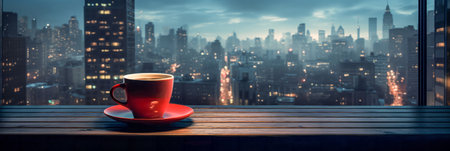 Red cup of coffee on wooden table with cityscape at background.の素材