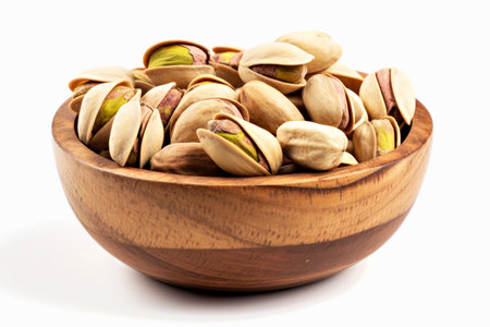 Pistachio nuts in wooden bowl isolated on white background.の写真素材