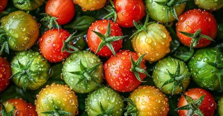 Cherry tomatoes with water drops. Top view. Selective focus.の写真素材