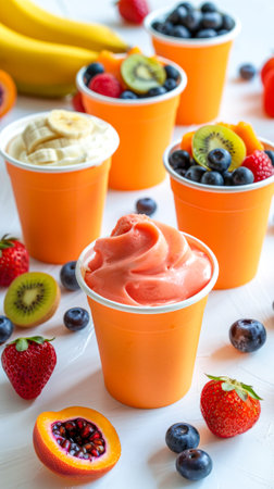 Fruit ice cream in paper cups with fresh berries, top viewの写真素材