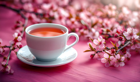 Cup of tea with cherry blossoms on pink wooden background.の写真素材