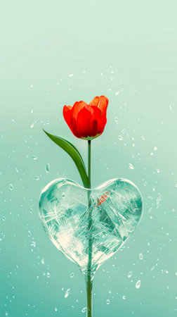 Red tulip on a green background with water drops and heart.