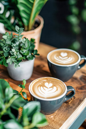 Coffee cups with latte art on wooden table in cafe