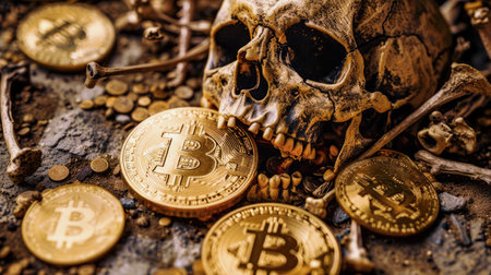 Still life with human skull and bitcoin coin on grunge background.の写真素材