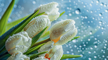 Beautiful bouquet of white tulips on a background of water dropsの写真素材