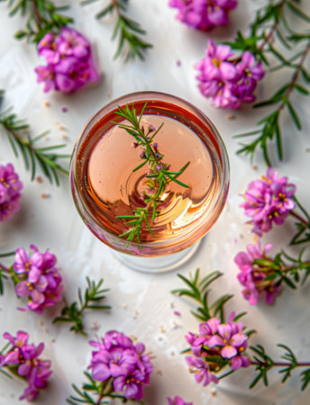 Wine in a glass with pink flowers on a white backgroundの写真素材