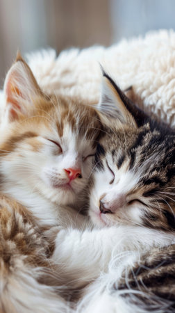 Siberian cat sleeping on a soft blanket. Close up.の写真素材