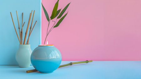 Vase with reed diffuser and candle on blue and pink backgroundの写真素材