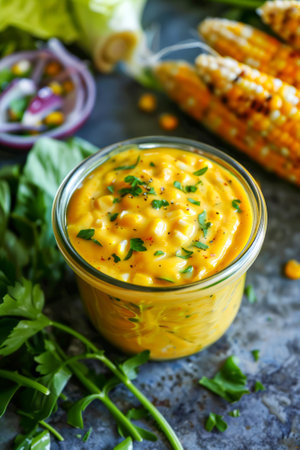 Corn chutney in a glass bowl.の写真素材