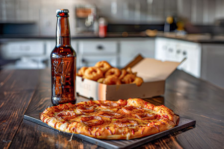 Pizza and beer on a wooden table in the kitchen at homeの写真素材