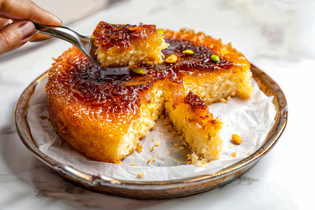 Honey cake with nuts on white background.の写真素材