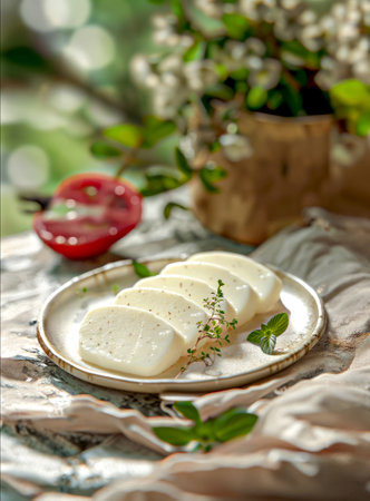 Fresh mozzarella cheese with thyme and rosemary on rustic backgroundの写真素材