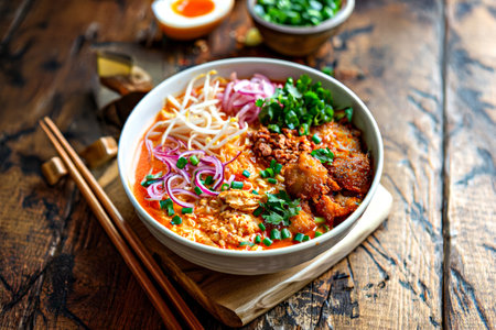 jjamppong, malaysian spicy chicken noodle in bowl