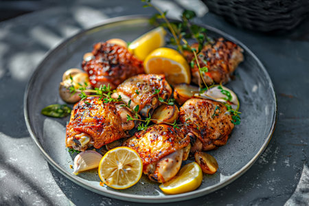 Grilled chicken legs with lemon and herbs on a plate on a dark background