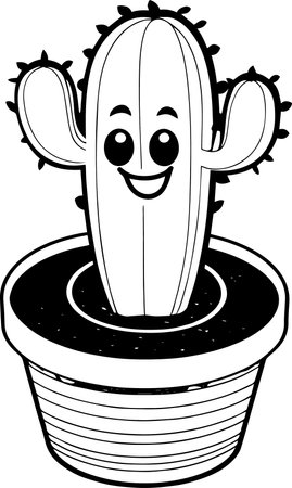 Black and White Cartoon Illustration of Cactus Character in Pot for Coloring Bookのイラスト素材