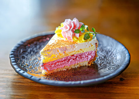 Rainbow cake on a plate in a cafe. Selective focus.の写真素材