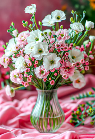 Bouquet of flowers in a vase on a pink backgroundの写真素材