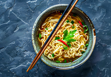 Asian noodles in bowl with chopsticks on dark background, top viewの写真素材