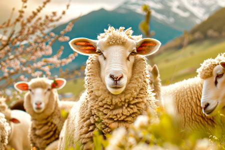 Sheep in the meadow with mountains in the background, Switzerlandの写真素材