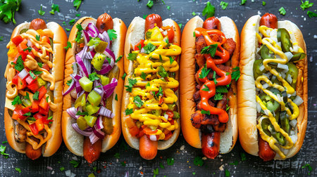 Hot dogs with mustard, ketchup and mayonnaise on black backgroundの写真素材