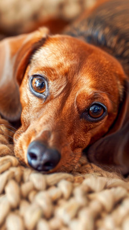 Dachshund dog on a knitted blanket. Close-up.の写真素材