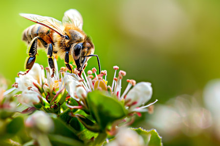 Bee pollinates flowers of apple tree. Honey bee pollinates flowers. Bee pollinates flowers of apple...