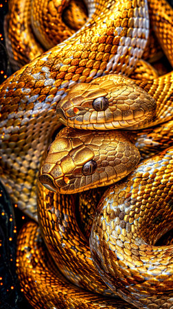 Close-up of a golden snake on a dark background. Selective focus.の写真素材