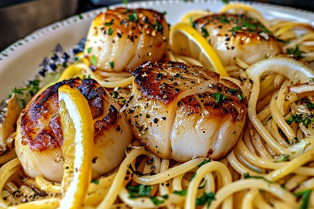 Spaghetti with grilled scallops and lemon on a plate.の写真素材
