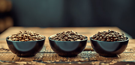 Coffee beans in a bowl on wooden table, selective focusの写真素材