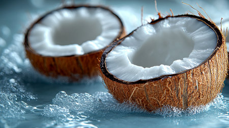 Coconuts with water drops on blue background. Close up.