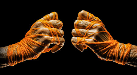 Two hands in orange medical gloves isolated on black background. Conceptual image for fight against COVID-19.の写真素材