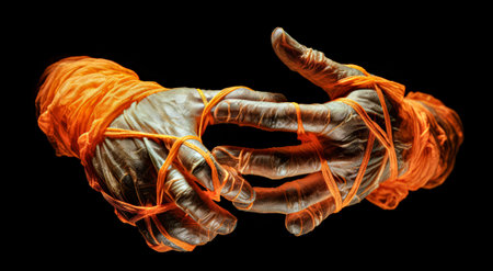 Hands of a man in a medical glove with an orange rope on a black backgroundの写真素材