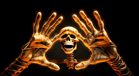 Human skeleton hands on dark background. Halloween concept. 3D Rendering