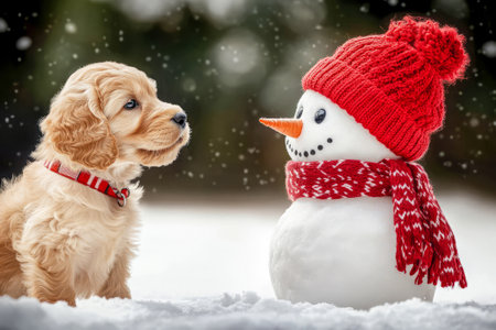 Puppy and snowman, winter scene.の写真素材