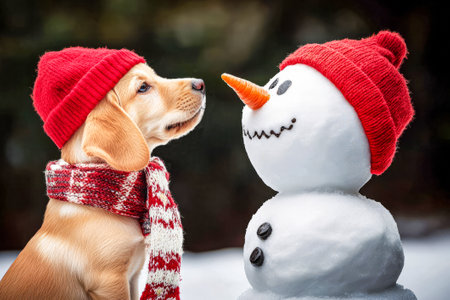 Puppy and snowman, both with hats.の写真素材
