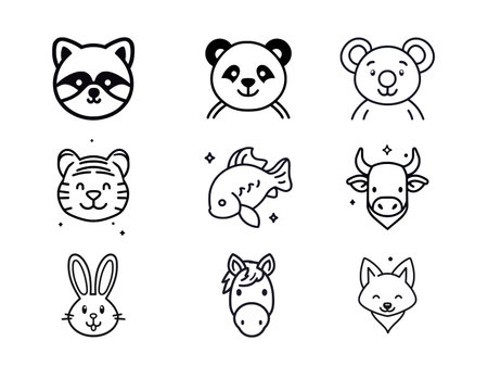 Set of cute cartoon animal faces, line artのイラスト素材